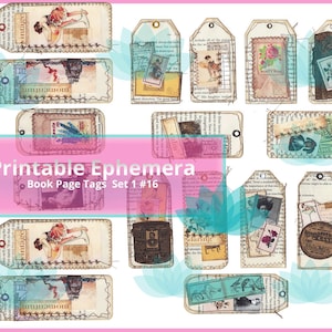 Junk Journal Ephemera Vintage Book Page Tags Digital Download 38 Images, 5 Sheets