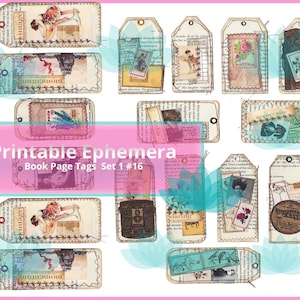 Junk Journal Ephemera Vintage Book Page Tags Digital Download 38 Images, 5 Sheets image 1