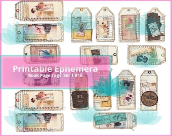 Junk Journal Ephemera Vintage Book Page Tags Digital Download 38 Images, 5 Sheets