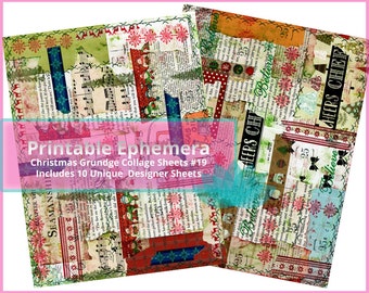 Junk Journal Ephemera Christmas Grunge Collage Pages  Digital Download - 10 Pages Included