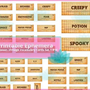 Junk Journal Ephemera Halloween Vintage Vocabulary Cards Digital Download, 46 Images, 4 Sheets