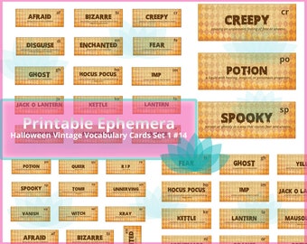 Junk Journal Ephemera Halloween Vintage Vocabulary Cards Digital Download, 46 Images, 4 Sheets