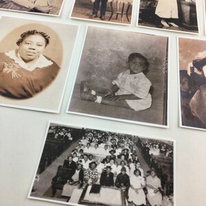 May include: A collection of black and white vintage photographs featuring various people and scenes. The photos are arranged in a grid pattern on a white surface.