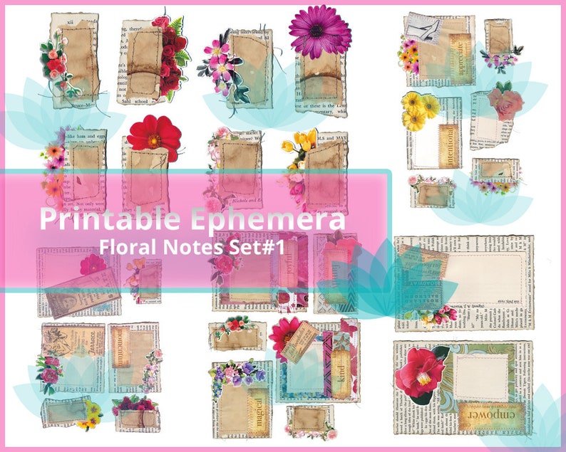 Junk Journal Ephemera Floral Notes Digital Download 28 Imanges, 5 Sheets image 1