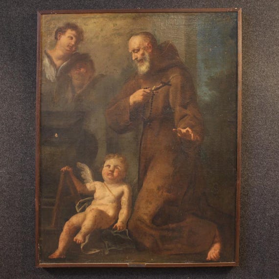 Antique Italian religious painting Franciscan Saint cherubs 17th century art