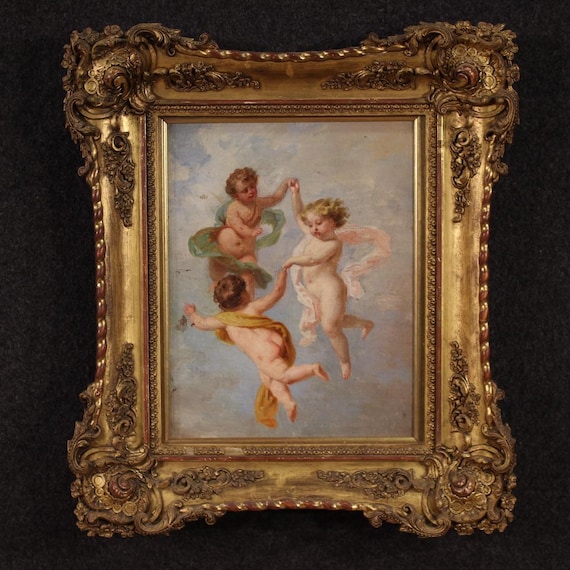 Italian painting artwork oil on canvas cherubs game 19th century gold frame