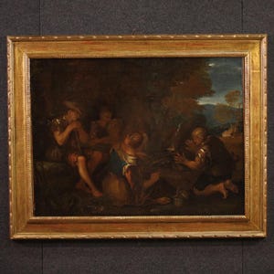 Antique Italian painting artwork oil canvas landscape characters 17th century
