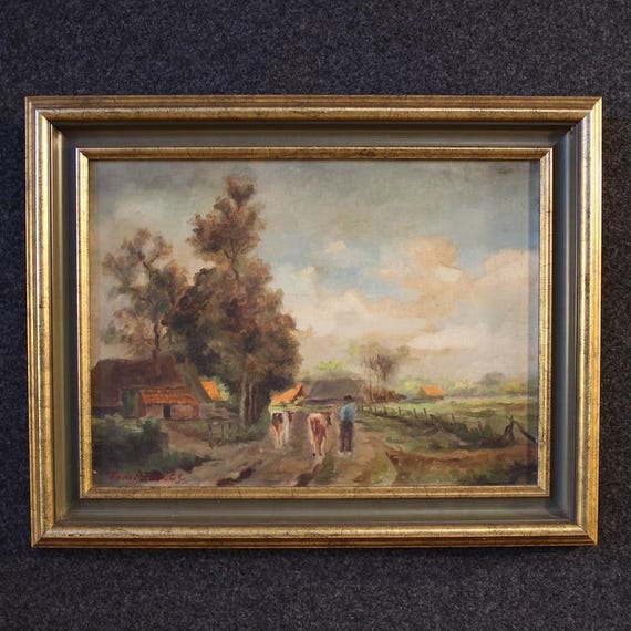 Flemish painting signed artwork oil on canvas bucolic landscape 20th century