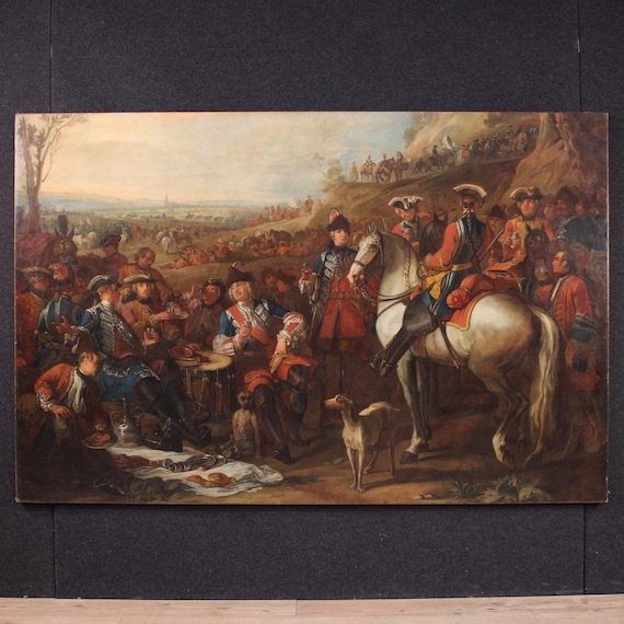 Antique battle oil on canvas painting great artwork knights soldiers 18th cent
