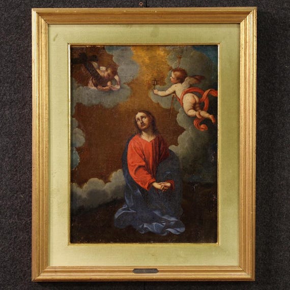 Antique Italian painting religious artwork Christ angels frame 17th century