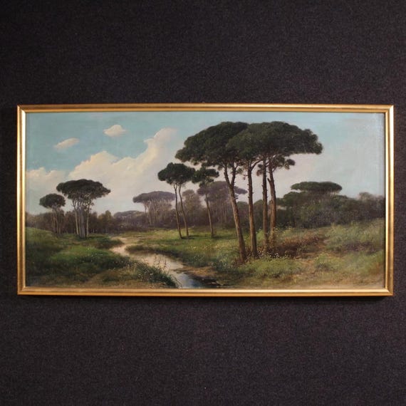 Antique Italian painting oil on canvas artwork landscape 19th century frame