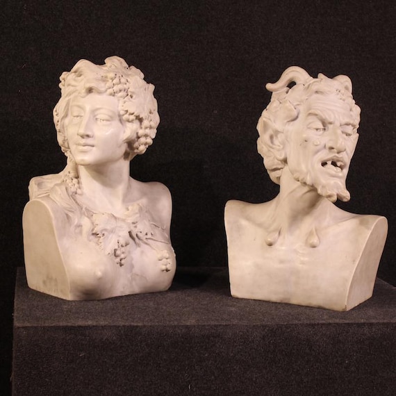 Pair of white marble busts sculptures 2 statues faun satyr nymph 19th century