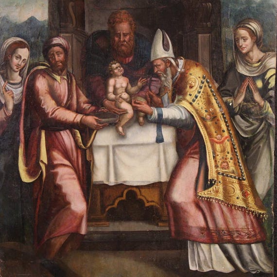 Antique painting on panel Circumcision of Jesus oil religious art 16th century