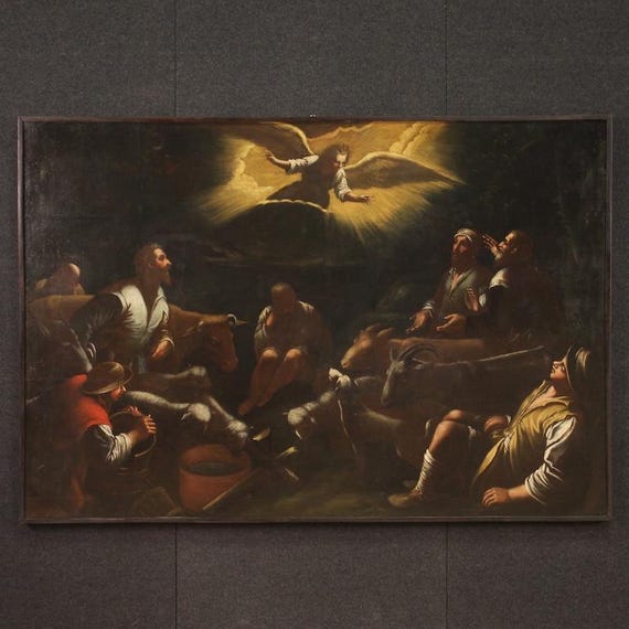 Antique painting Bassano shepherds angel 17th century artwork oil on canvas