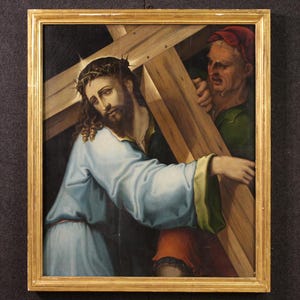 Antique panel painting Via Crucis Christ Carrying Cross Oil art 17th Century