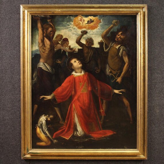 Antique painting oil on panel martyrdom Saint Stephan artwork 17th century