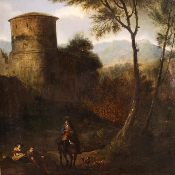Antique landscape oil panel painting knights artwork genre scene 18th century
