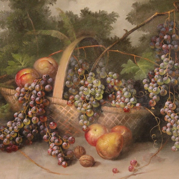 Still life signed oil painting on canvas fruit frame 1960s