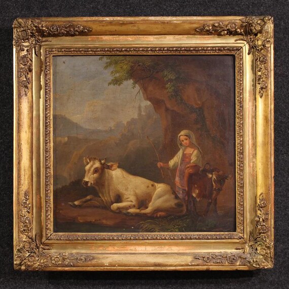 Antique painting oil on panel Italian artwork bucolic landscape 19th century
