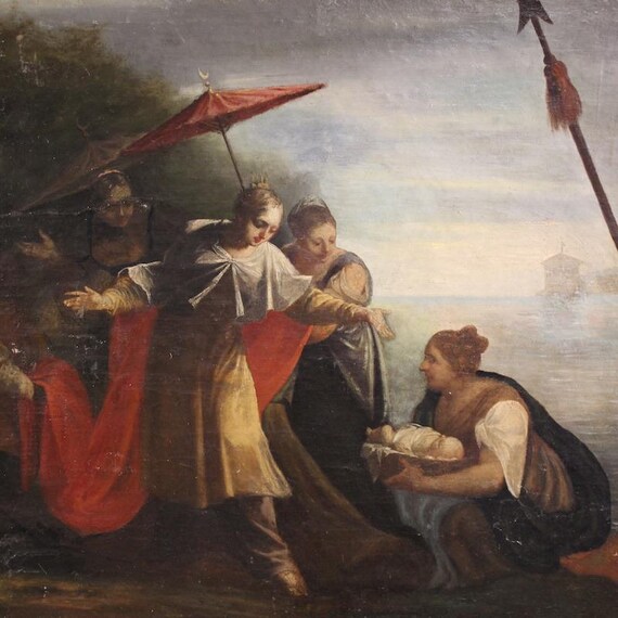 Antique biblical painting Moses saved from waters oil canvas 18th century