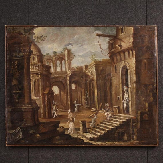 Antique architecture oil painting on canvas landscape capriccio 18th century
