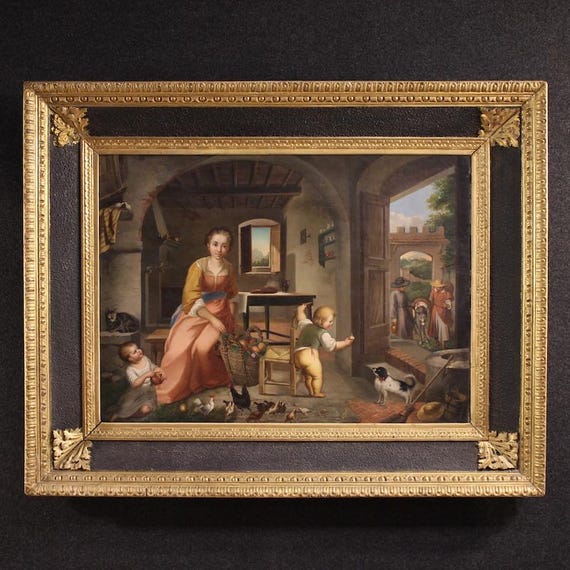 Antique Italian painting signed artwork oil canvas interior scene 19th century