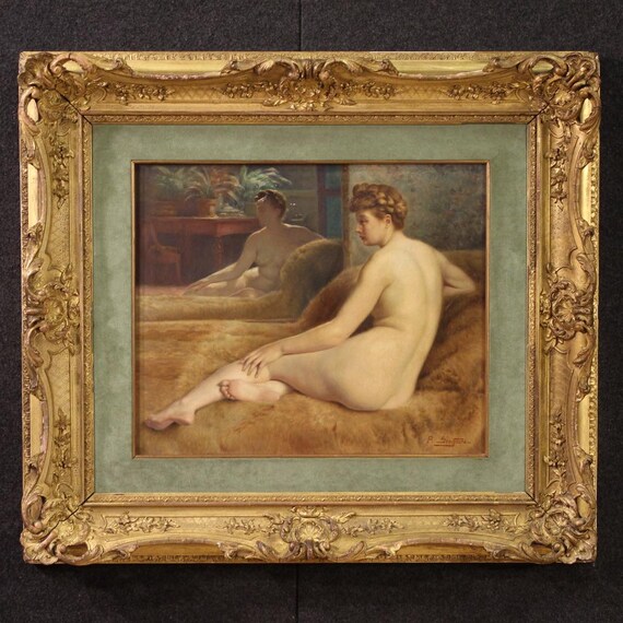Female nude artwork signed P. Sieffert painting oil canvas portrait 20th century