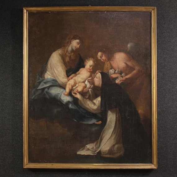 Antique religious oil painting Saint Rose of Lima Madonna Child 18th century