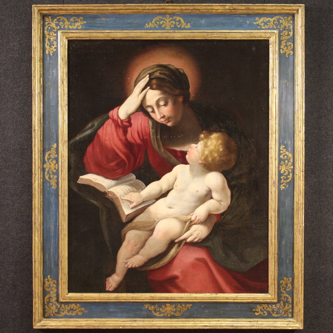 Madonna With Child Painting Antique Oil Canvas Religious Artwork 17th ...