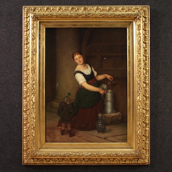 Artwork signed G. Spangerberg dated 1886 painting interior scene oil on canvas