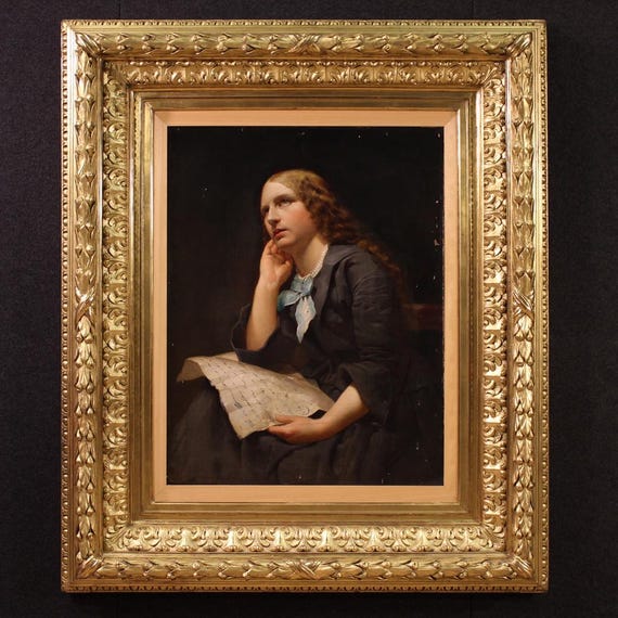 Lady portrait artwork oil on canvas girl painting woman art 19th century