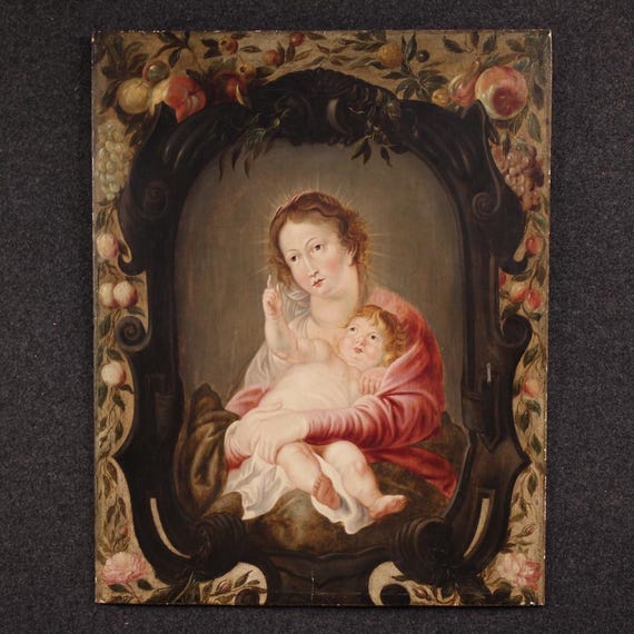 Antique Flemish oil on panel painting Madonna with child artwork 17th century
