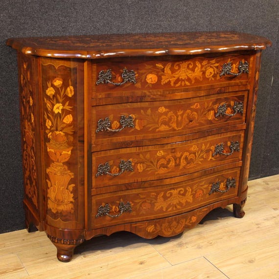 Dutch commode furniture 4 drawers in inlaid wood dresser 20th century sideboard