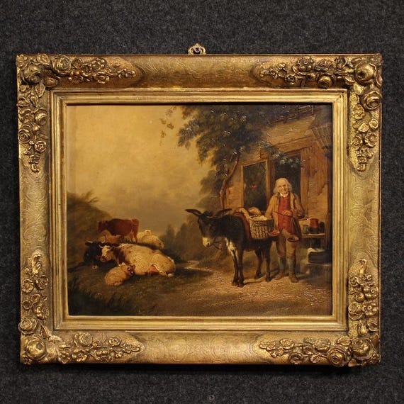 Antique English painting oil panel artwork 1866 signed Armstead genre scene