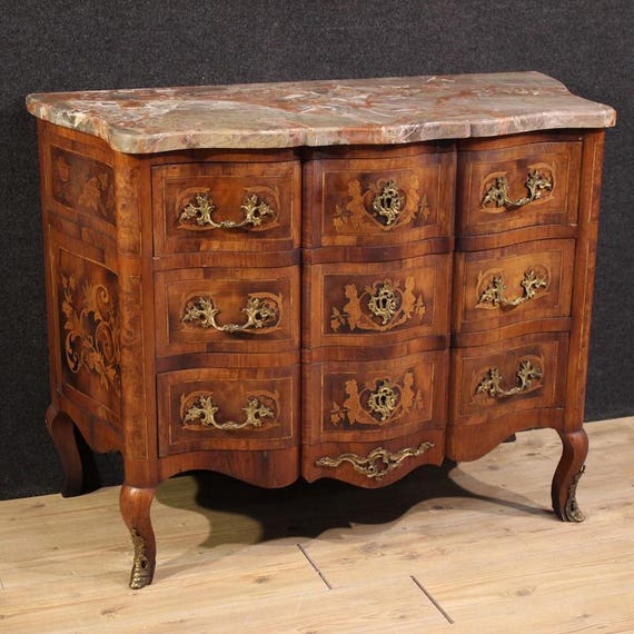French commode dresser inlaid chest of drawers marble top Louis XV style 900