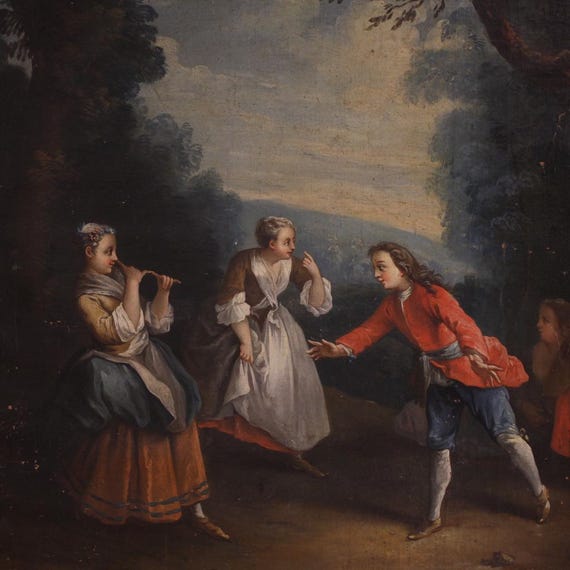 Antique artwork painting children playing gallant scene oil canvas 18th century