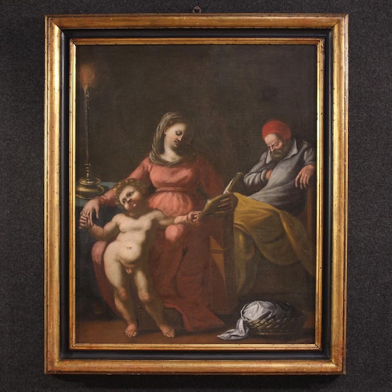 Holy Family antique painting religious artwork Madonna with Child 17th century