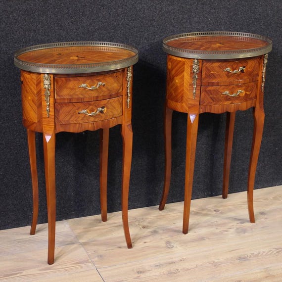 Pair of French night stands furniture oval bedside tables inlaid 20th century