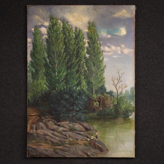 Spanish painting oil on canvas landscape artwork signed C. Coll 1883 19th cent