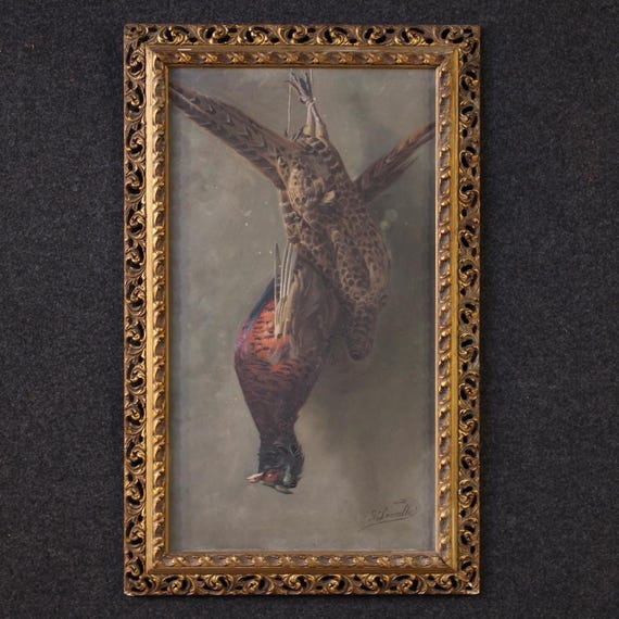 Still life with game Italian signed painting oil artwork on board 20th century