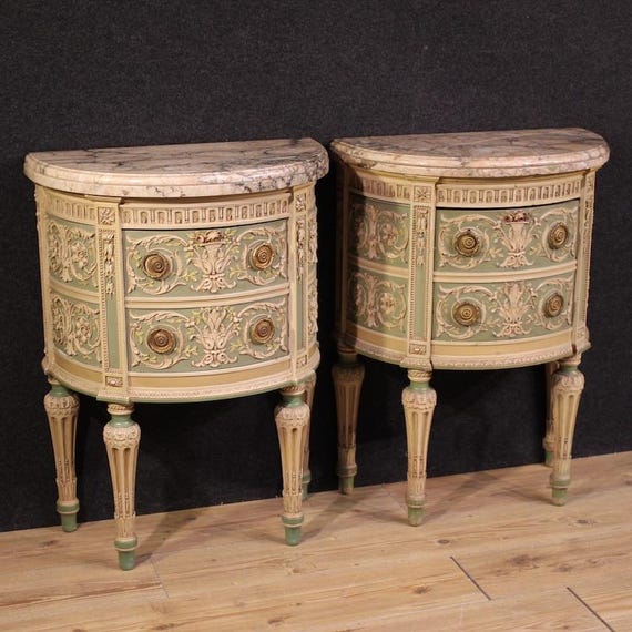 Italian lacquered night stands Bonzanigo style Louis XVI marble bedside tables