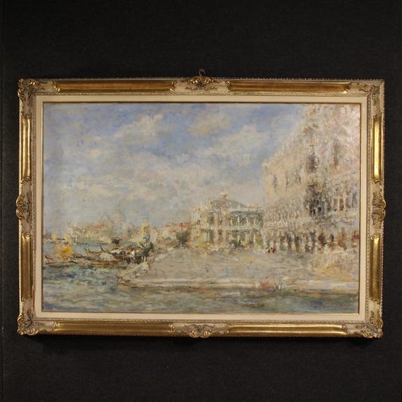 Venice view painting signed Mantovani oil canvas Doge's Palace 20th century