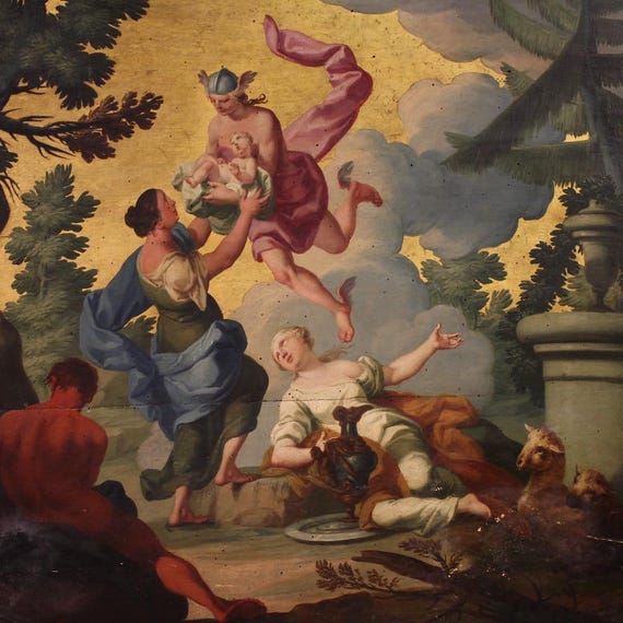 Mythological painting antique panel oil artwork Mercury Bacchus Nymphs art 18th
