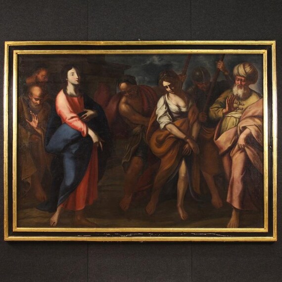 Antique Italian Oil Painting: Christ and the Adulteress, 17th Century Religious Artwork
