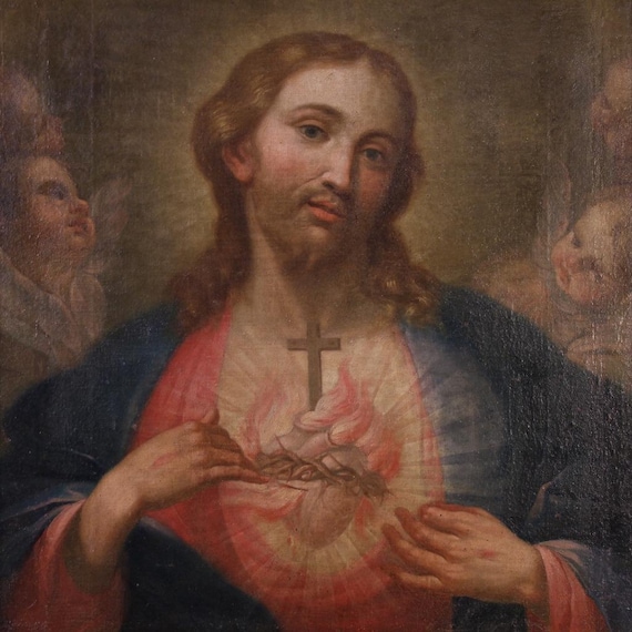 Antique religious painting Italian oil canvas Sacred Heart Jesus 18th century