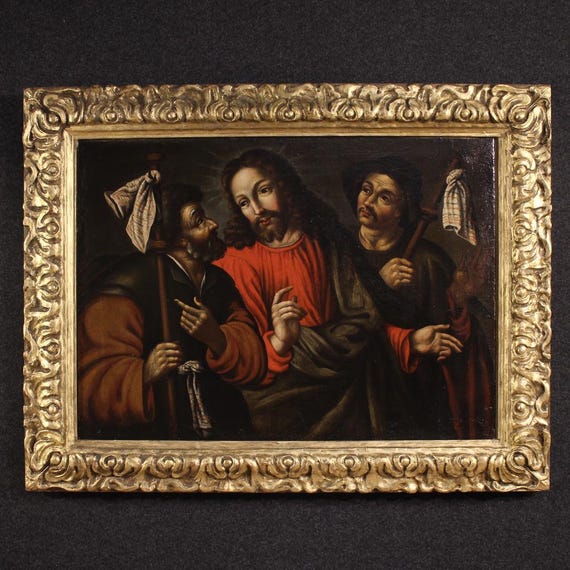Antique painting Christ disciples Emmaus religious artwork canvas 17th century