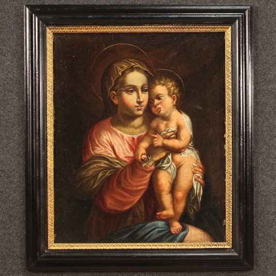 Antique Virgin with Child framework oil on canvas religious painting 600