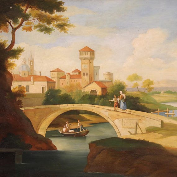 Painting oil on canvas antique style artwork landscape view art 20th century