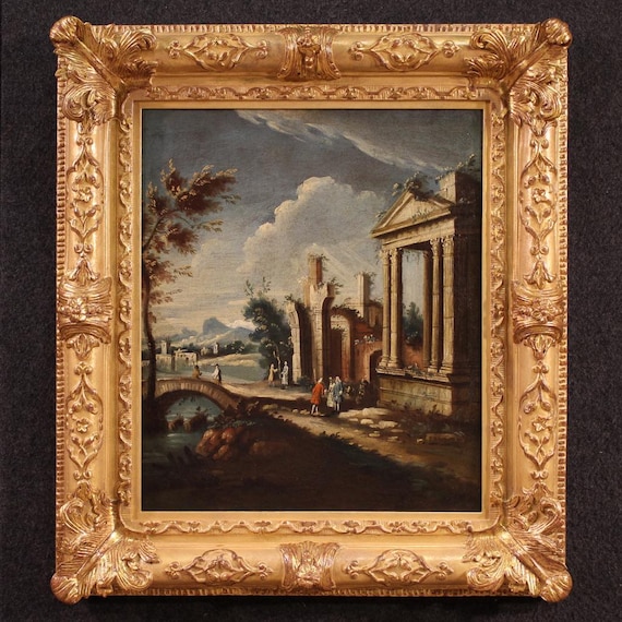 Venetian capriccio antique landscape oil painting 18th century architecture