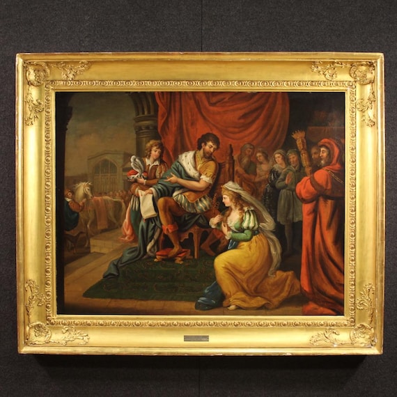 Antique French painting oil on canvas artwork Solomon Queen of Sheba 19th cent